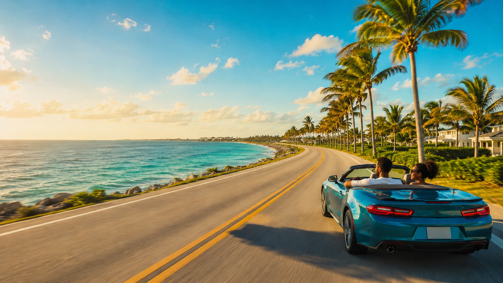 Convertible car driving along a sunny Florida coastal highway with palm trees