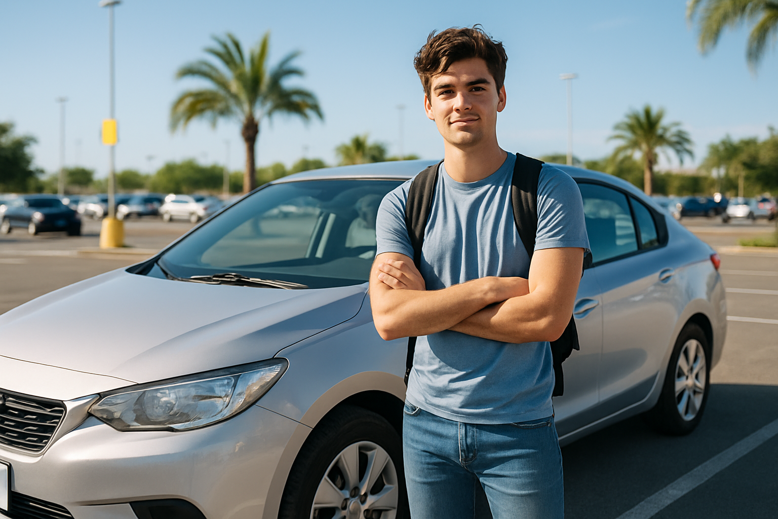 A young adult in their early twenties standing confidently beside a rental car in a sunny parking lot
