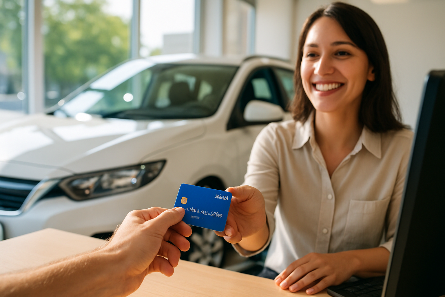 A person handing a debit card at a car rental counter