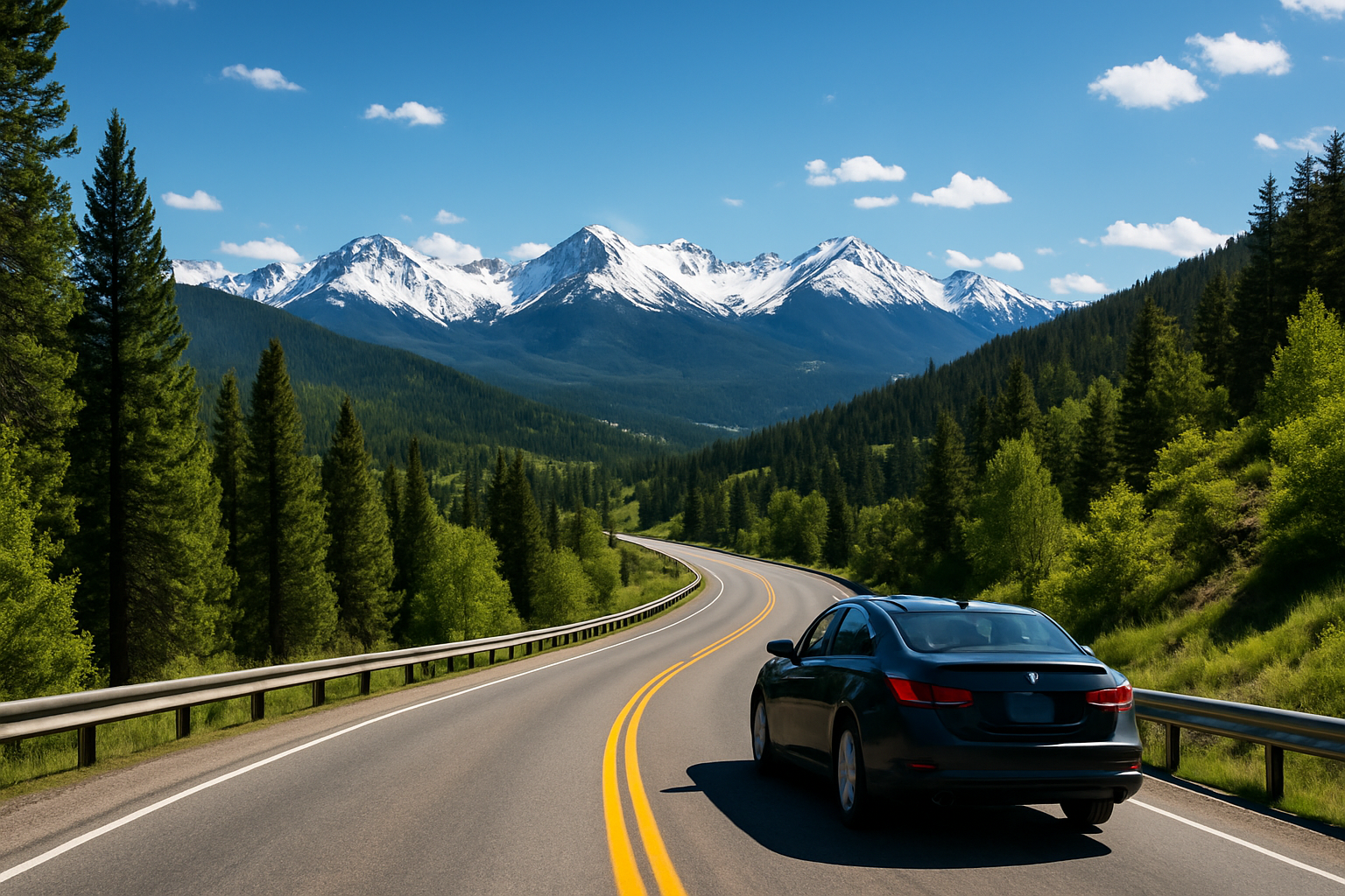 A car on a scenic Colorado mountain highway near Denver with snow-capped Rocky Mountains