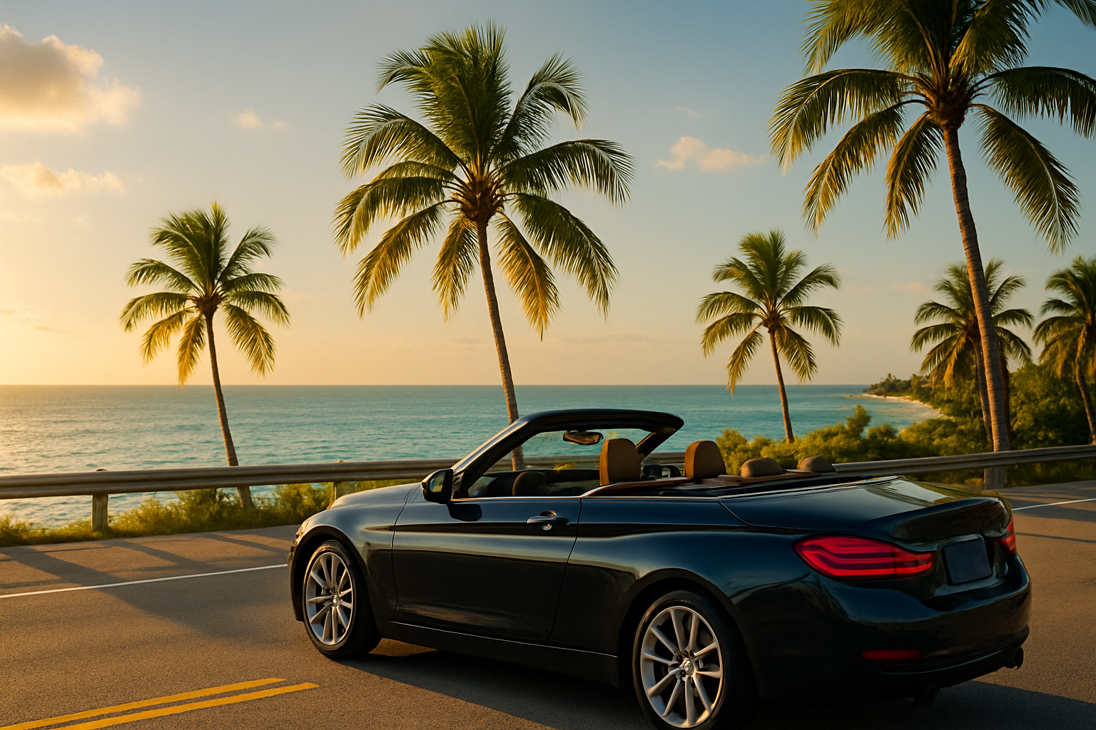 A convertible car on a scenic Florida coastal road at golden hour with ocean and palm trees