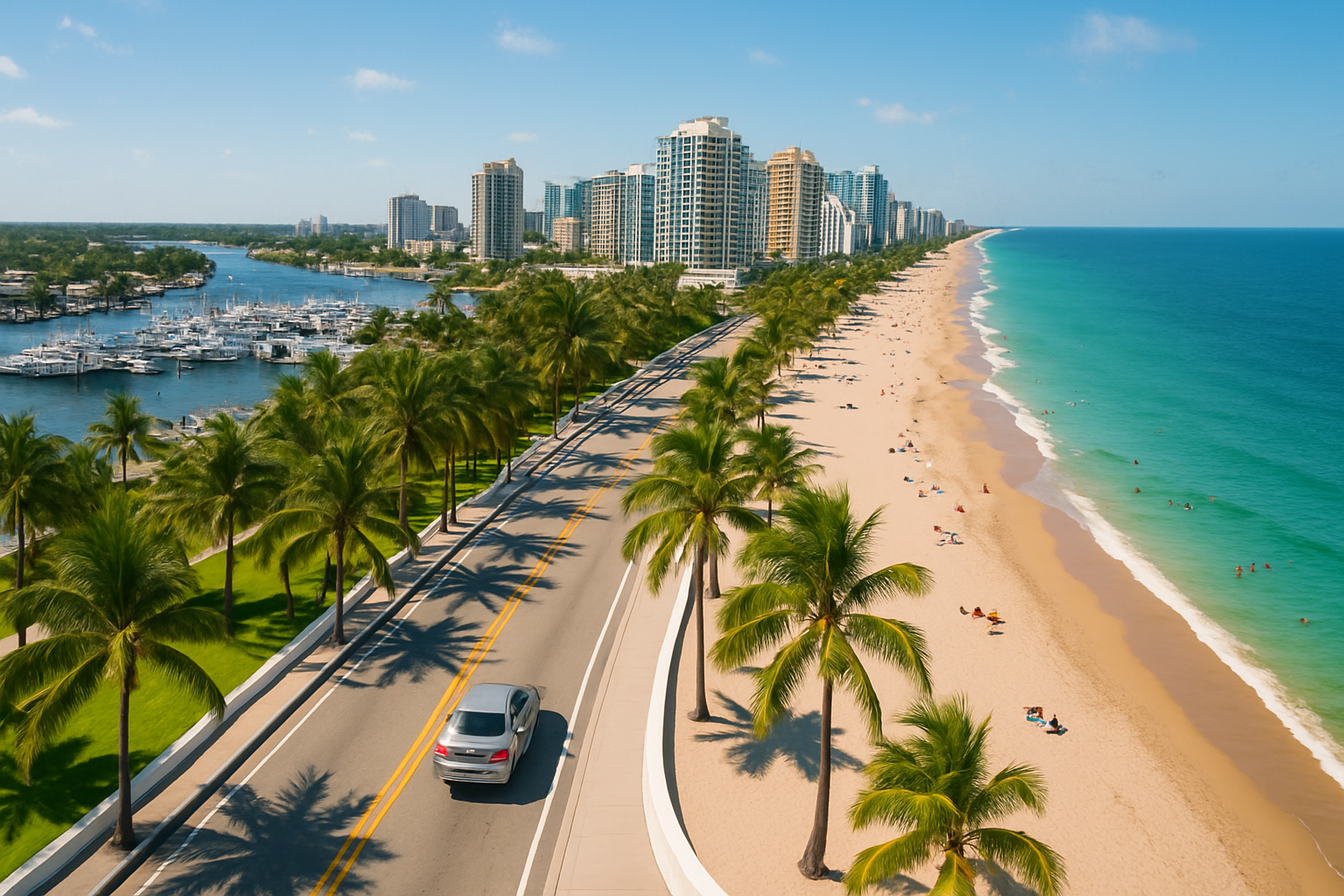 Aerial view of Fort Lauderdale Florida coastline with a rental car on a palm-lined boulevard near the beach and marina