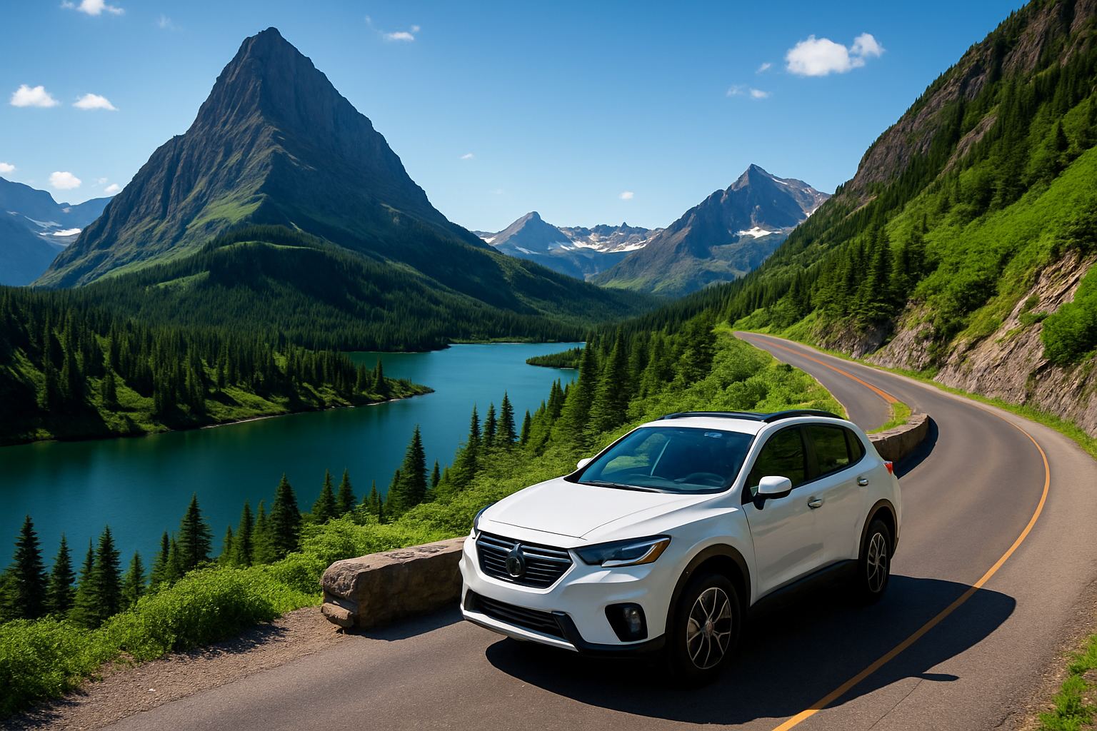 A car on the Going-to-the-Sun Road in Glacier National Park Montana