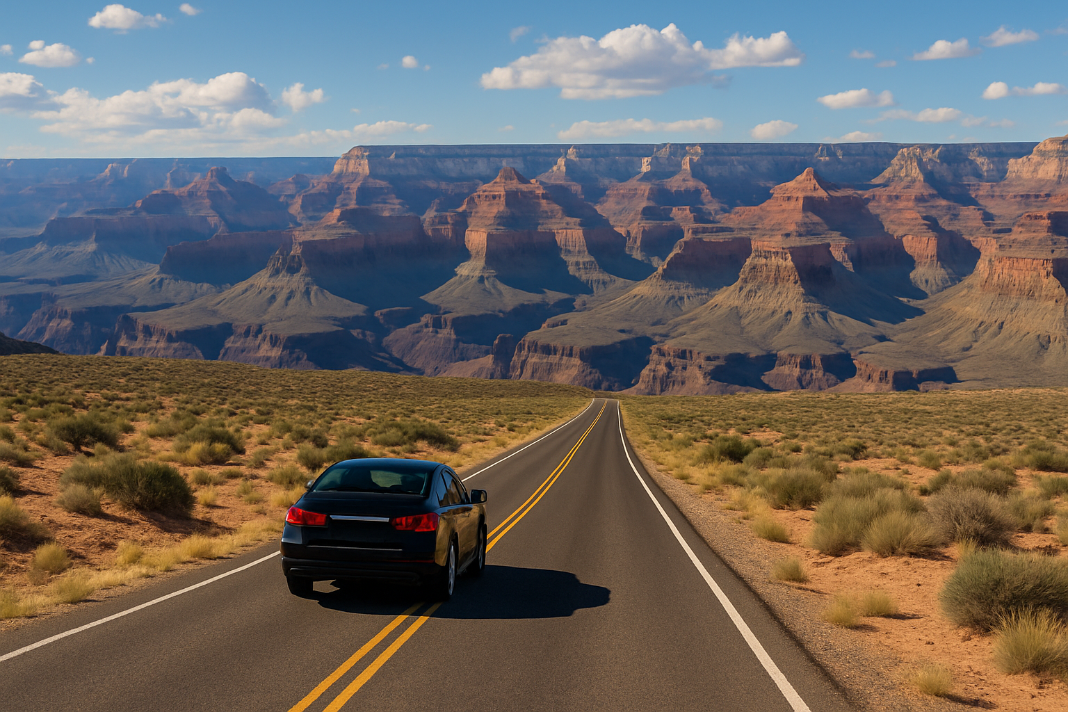 A car on a desert highway approaching the Grand Canyon in Arizona