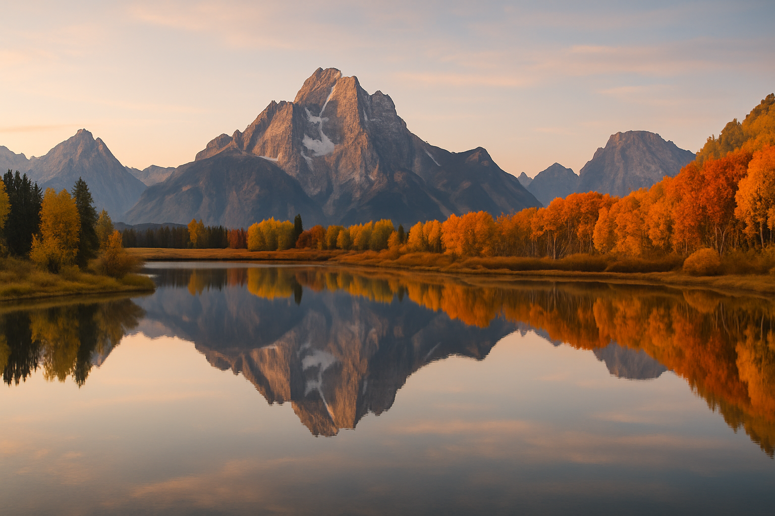 Grand Teton peaks reflected in a lake
