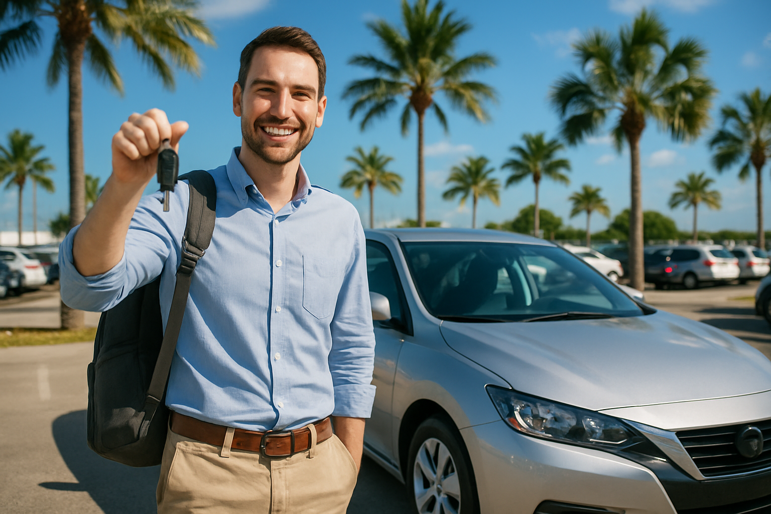 A traveler at a sunny Florida car rental lot holding keys next to a clean sedan