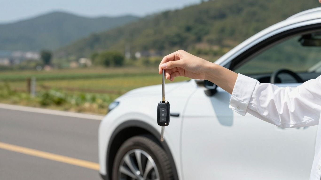 Person with car keys in front of a rental car.