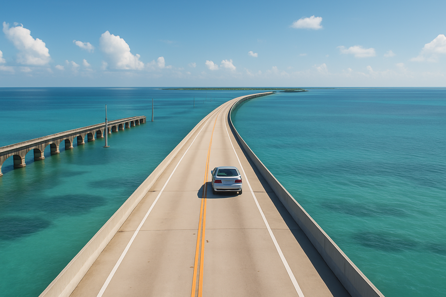 The Overseas Highway and Seven Mile Bridge in the Florida Keys stretching over turquoise ocean