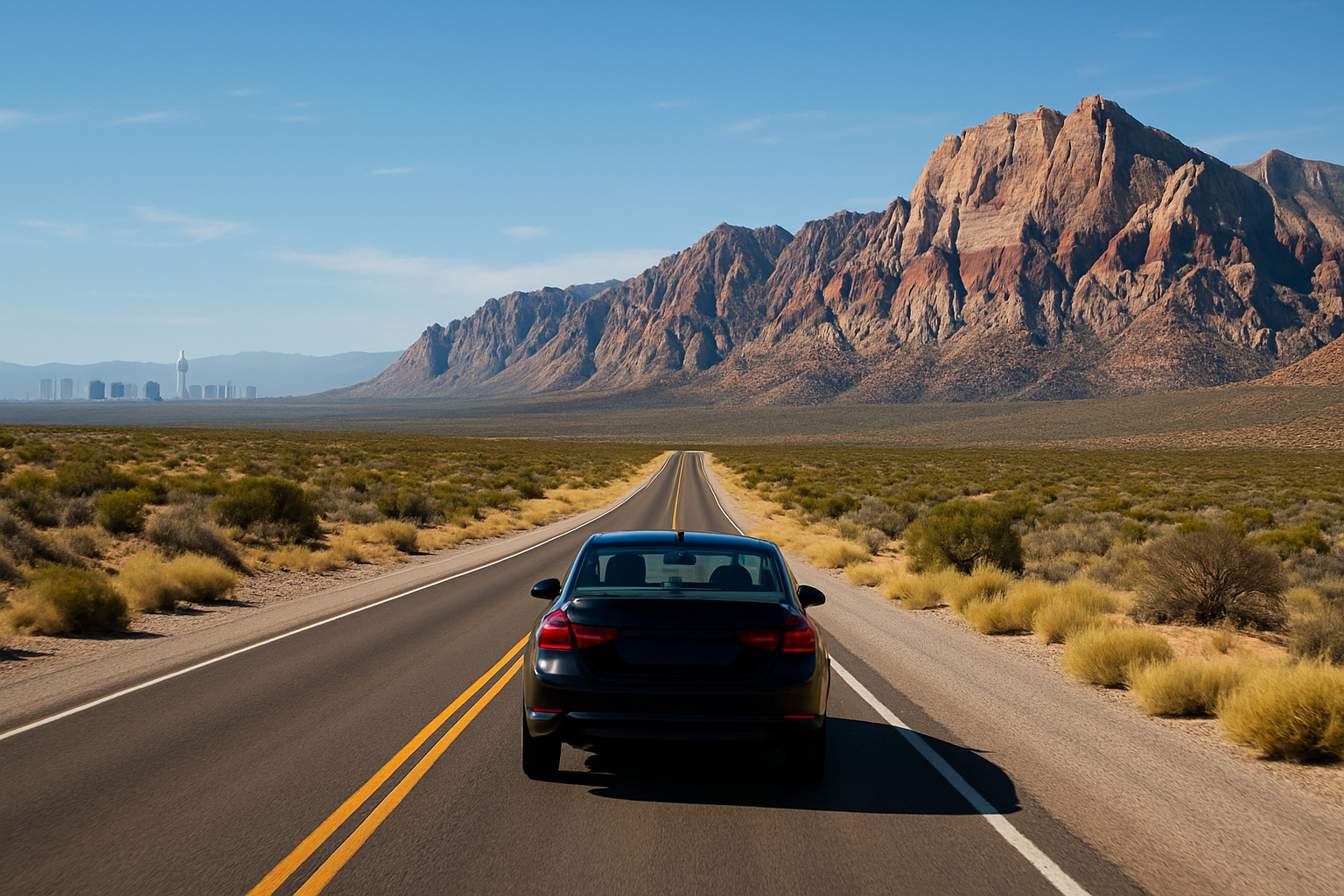 A rental car on a desert highway leaving Las Vegas toward red-rock national park country