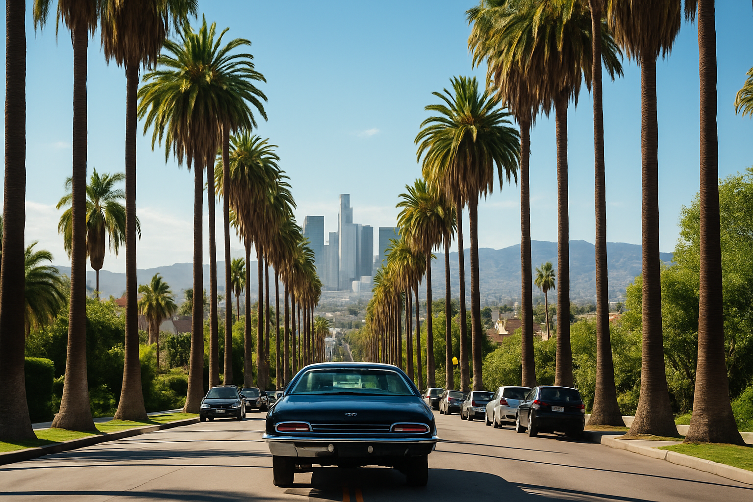 A car on a palm-lined Los Angeles boulevard with the city and hills in the background