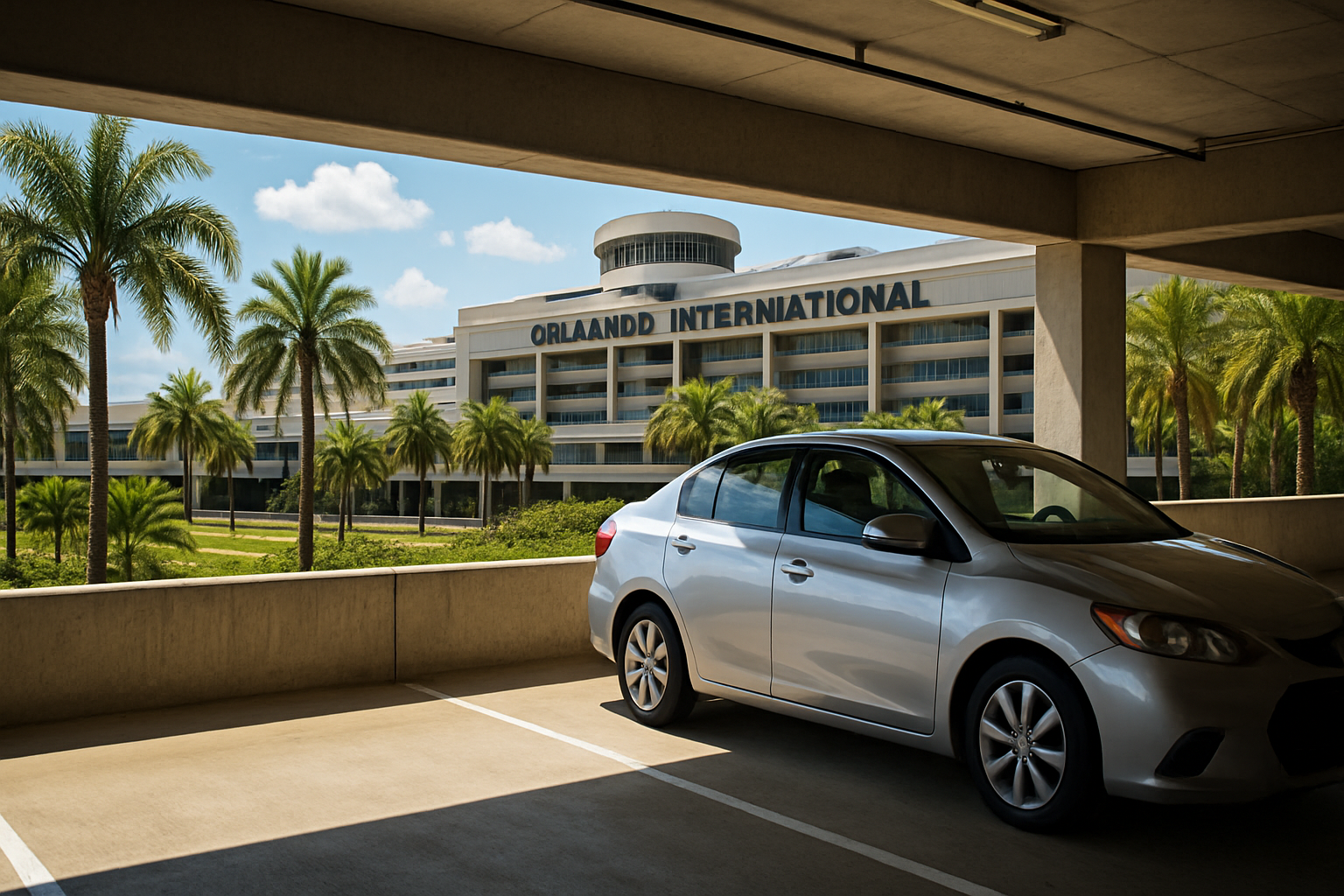 Orlando International Airport with a rental car in a bright parking garage and palm trees outside