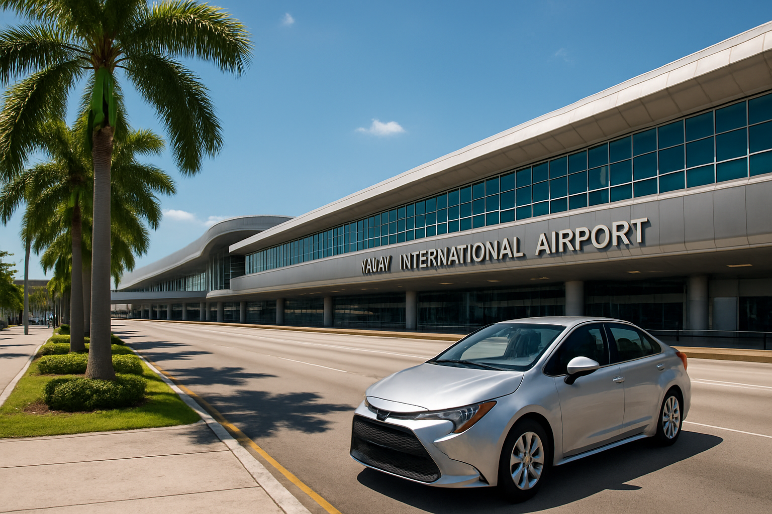 Miami International Airport exterior with palm trees and a rental car ready on a sunny Florida day