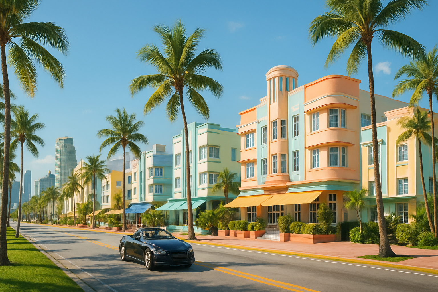 Miami Florida skyline and Ocean Drive with pastel art-deco buildings