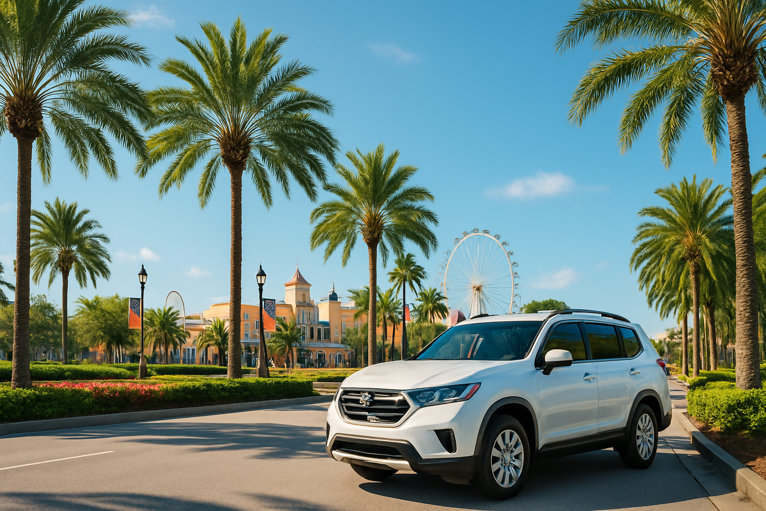 Orlando Florida sunny scene with a family car near lush palms and a bright theme-park style boulevard