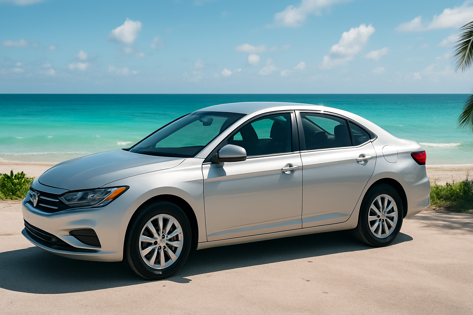 A clean modern rental car parked by a Florida beach with turquoise water