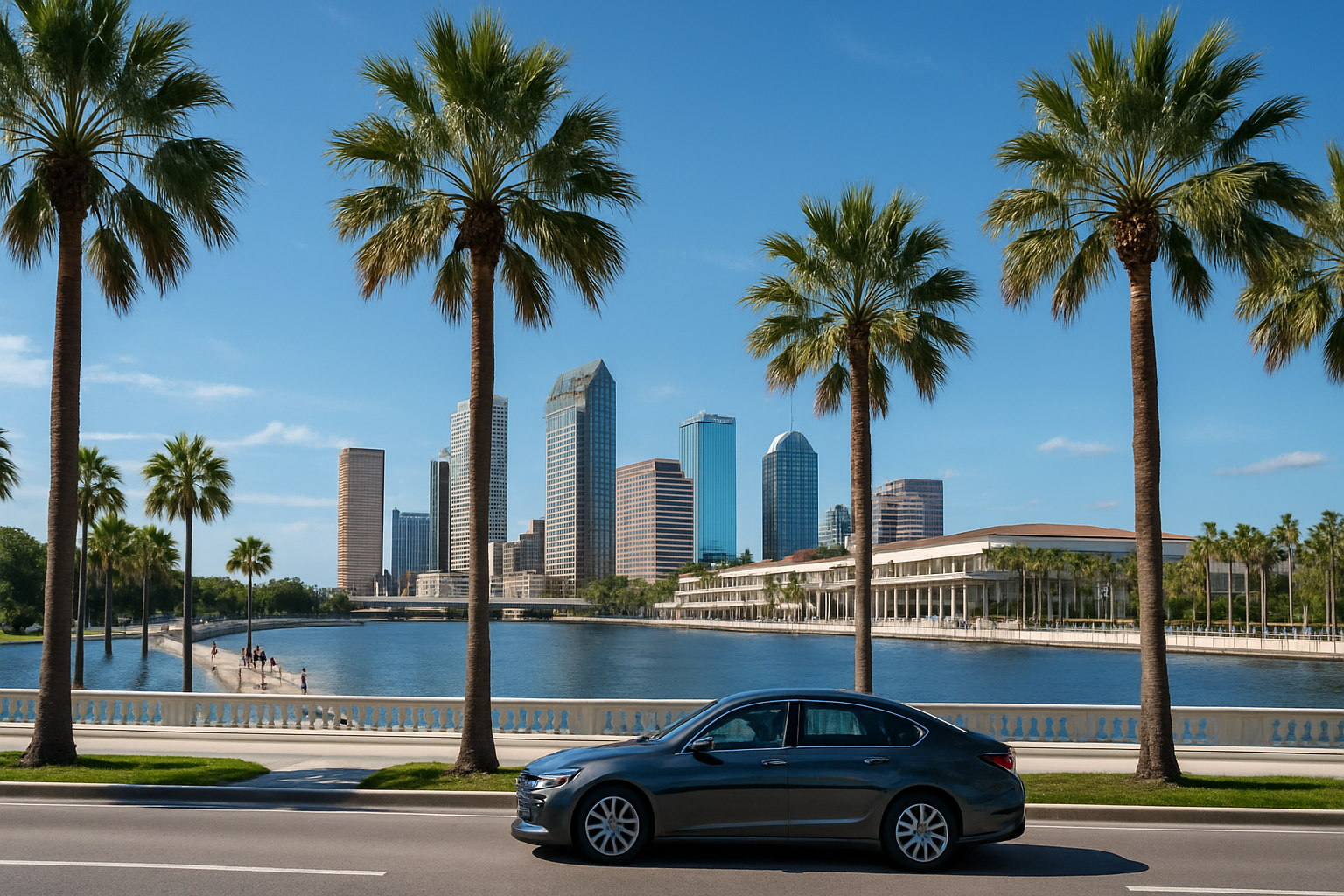 Tampa Florida bayfront and riverwalk with palm trees and a car driving along the waterfront under blue sky