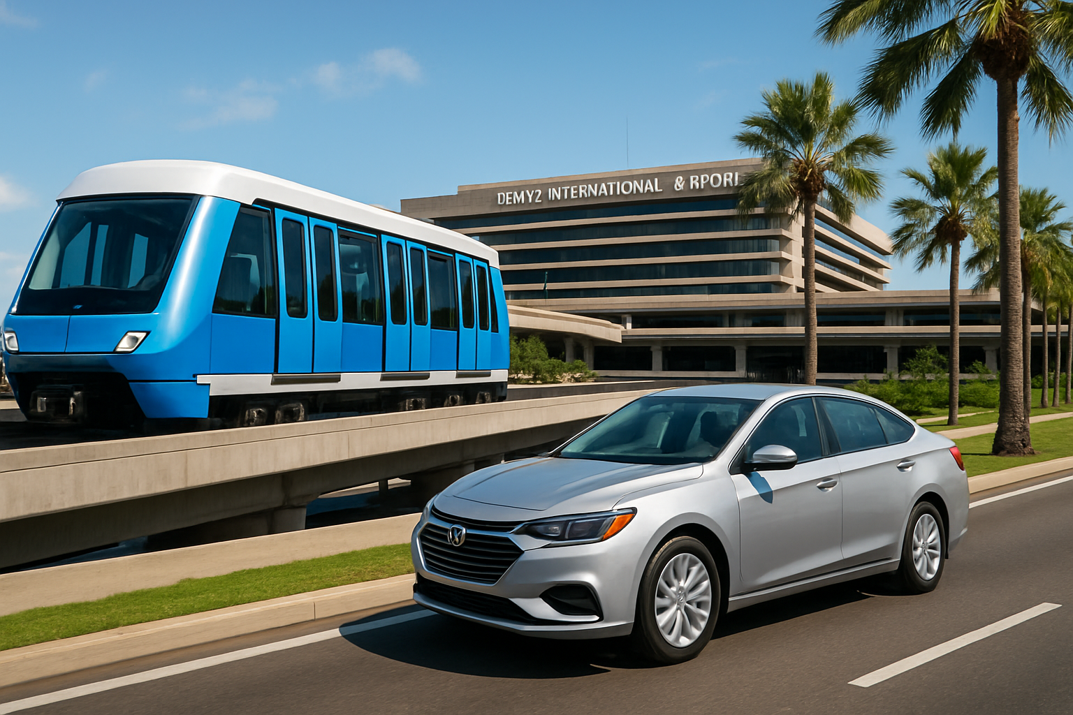 Tampa International Airport with a modern people-mover train and a rental car
