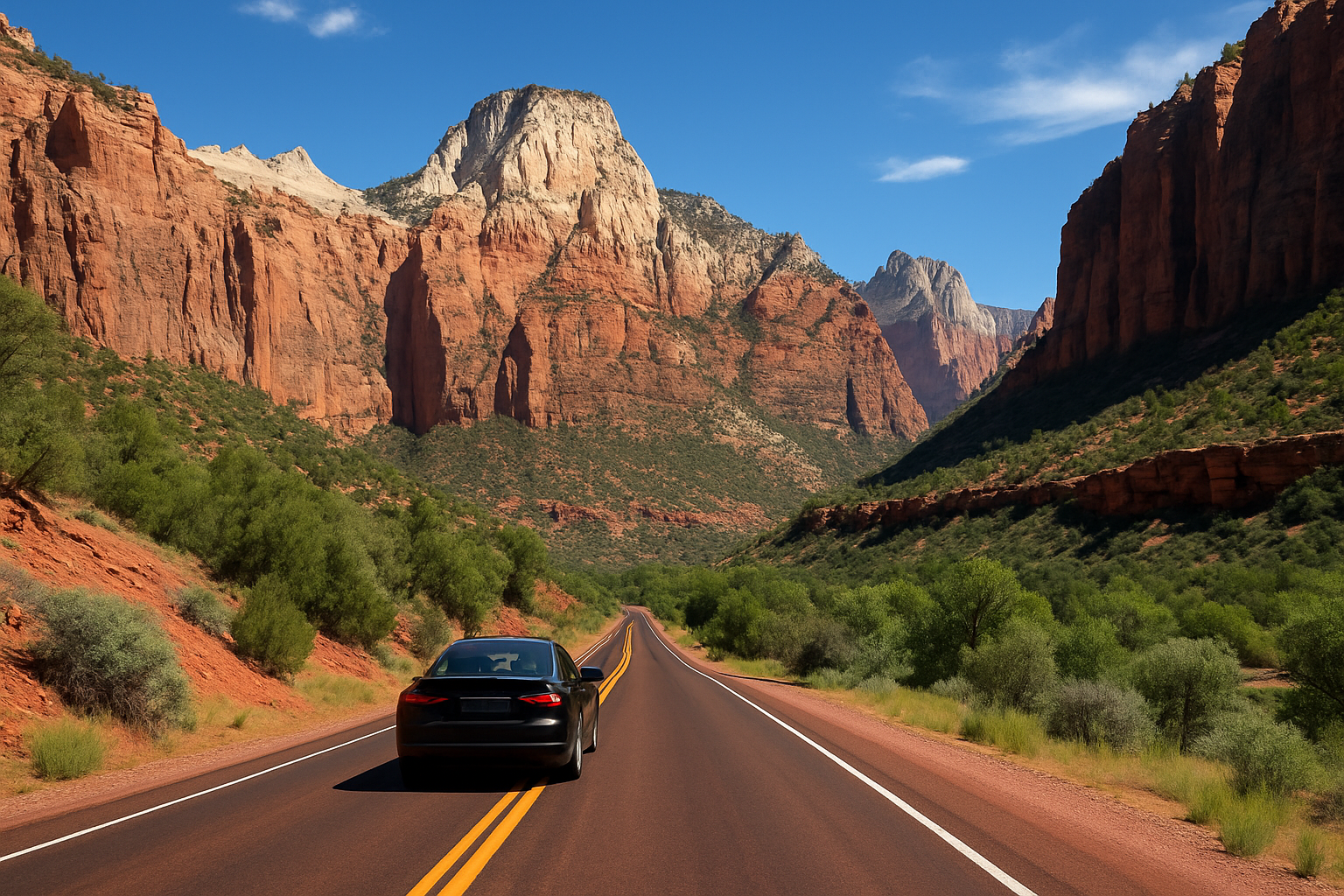A car driving a scenic red-rock highway toward Zion National Park in Utah