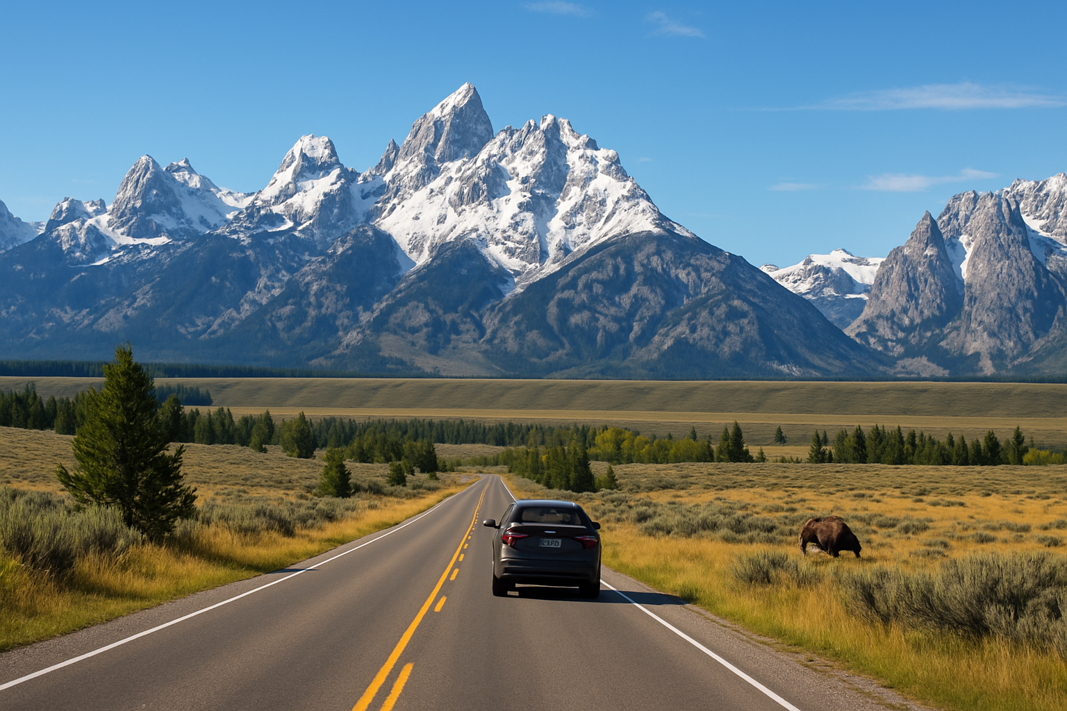 A car on a road through Grand Teton and Yellowstone