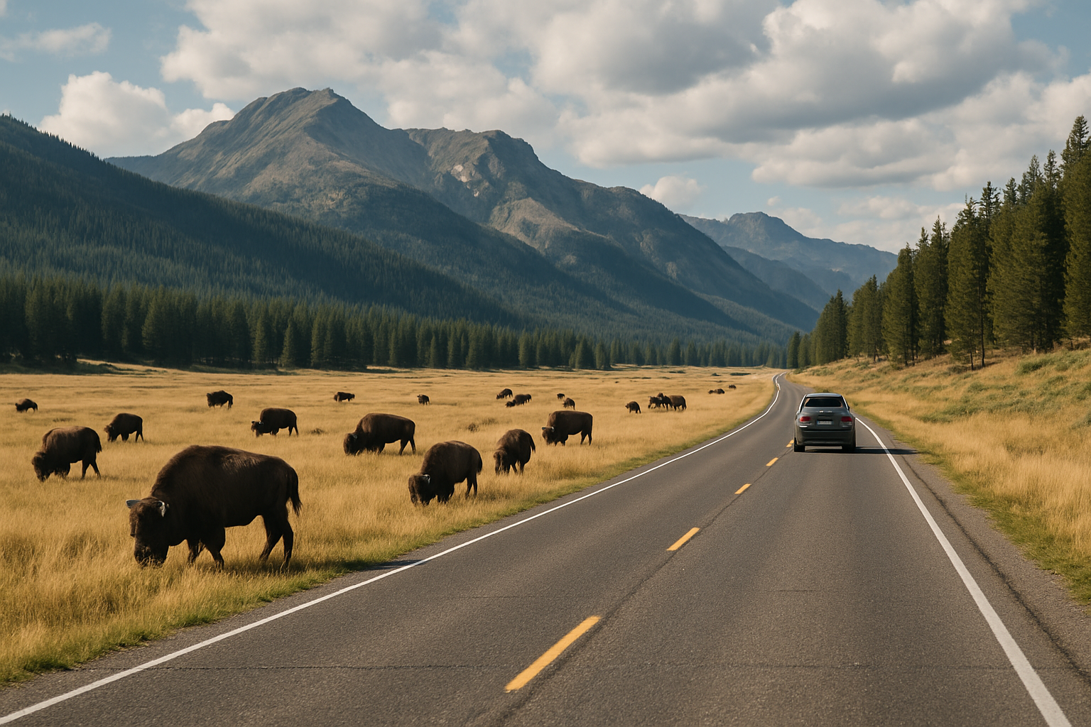 Driving through a Yellowstone valley with bison