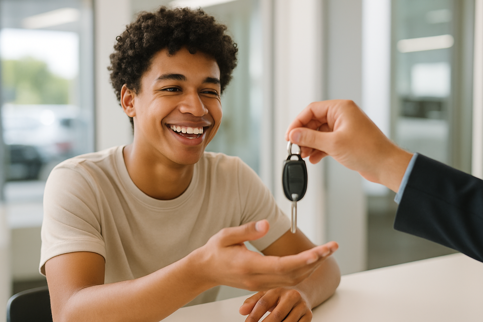 Young driver receiving rental car keys at a counter
