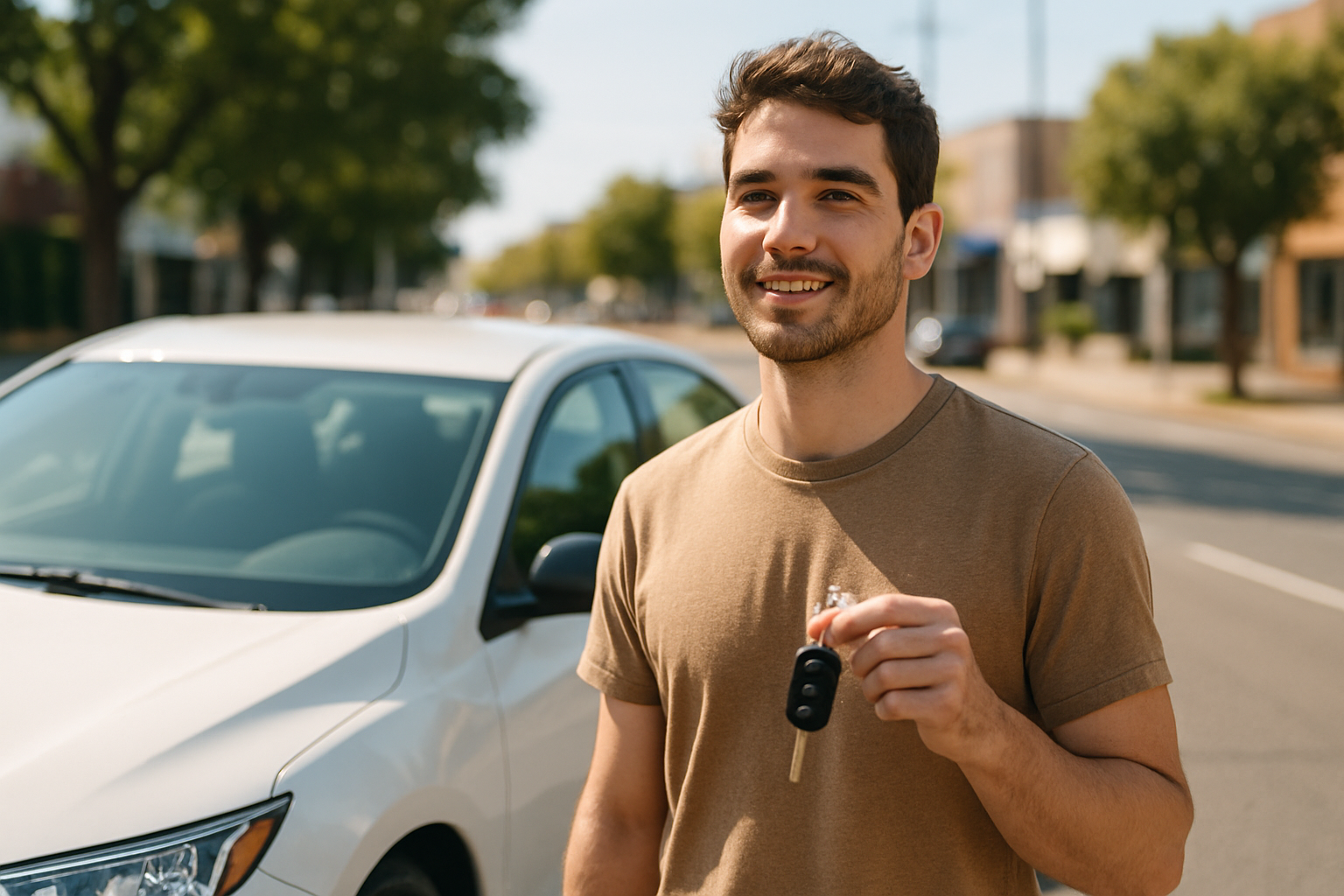 Young driver with keys beside a rental car