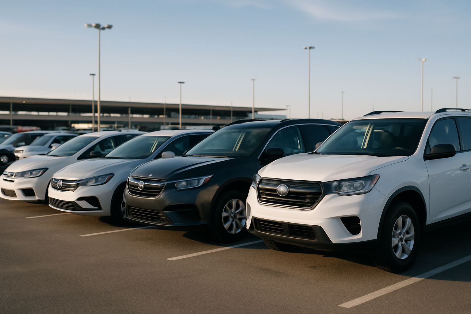 Row of rental cars in an airport rental lot