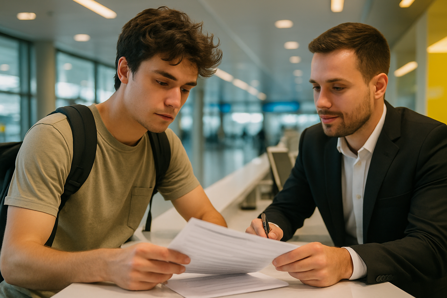Young driver reviewing rental paperwork at a car rental counter
