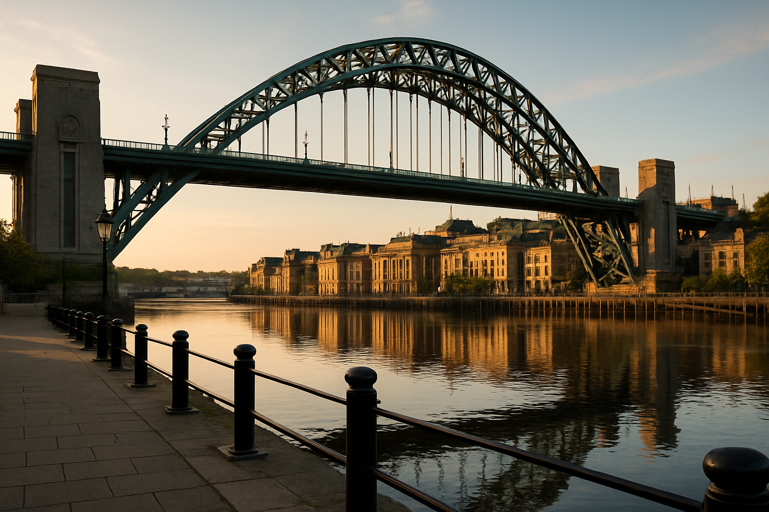Newcastle Tyne Bridge and quayside at golden hour